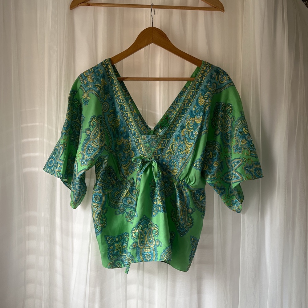Tibi Green Paisley V-Neck Silk Blouse